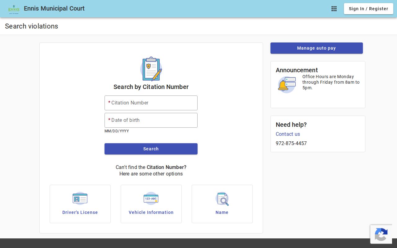 Ellis County traffic court search portal for Ennis