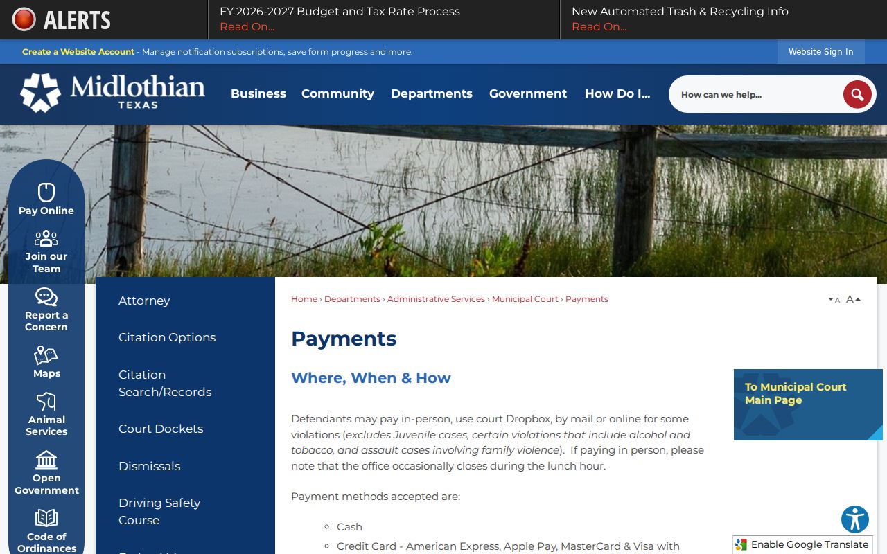 Ellis County traffic court payment guidance for Midlothian