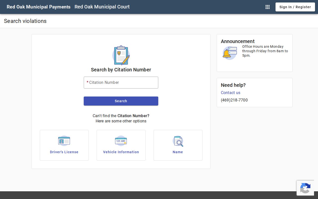 Ellis County traffic court citation portal for Red Oak